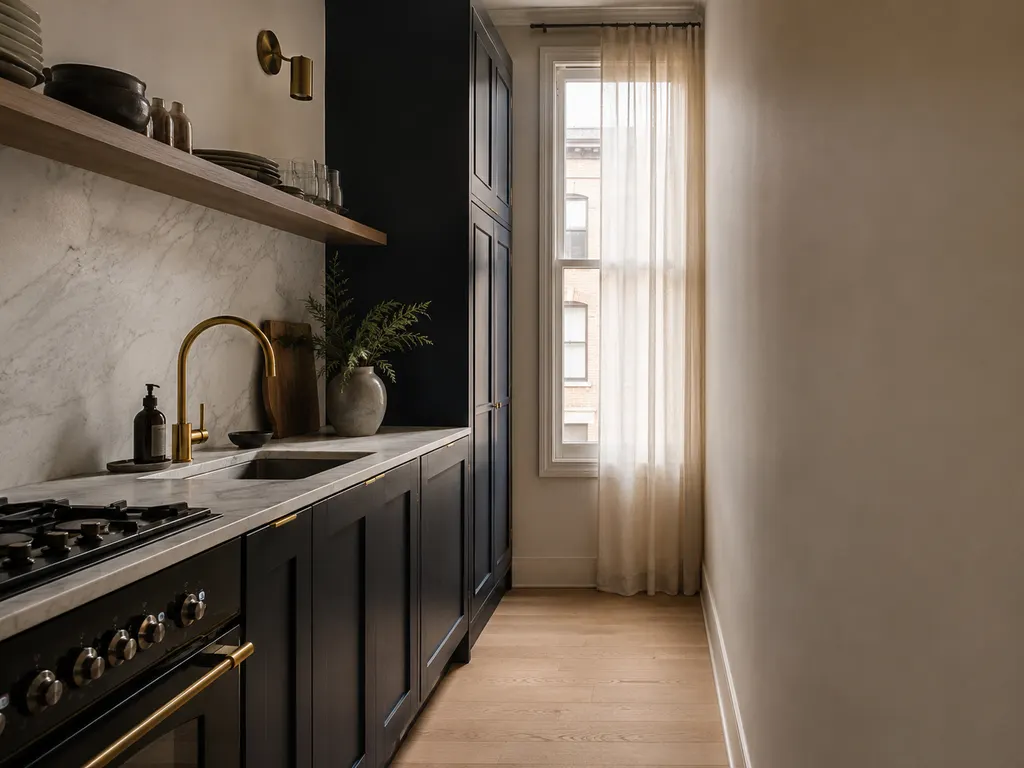 Cuisine d'appartement compacte bleu marine avec plan de travail en marbre, à Gijón