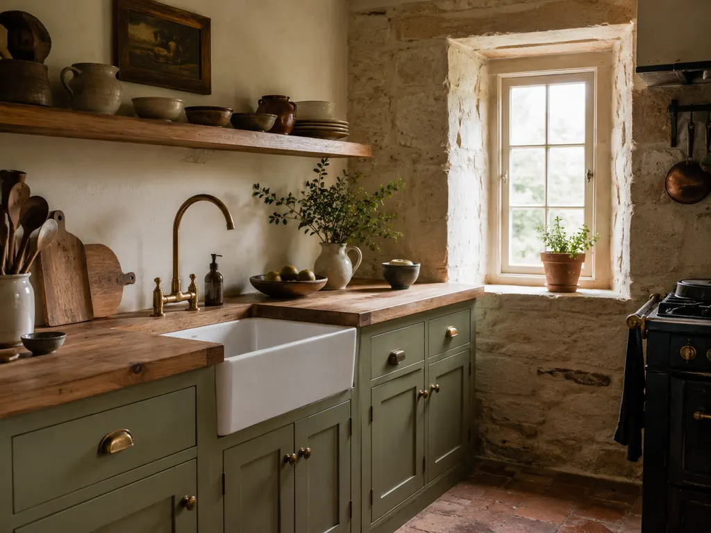 Cuisine de maison de village vert sauge avec plan de travail en chêne massif, dans les Asturies