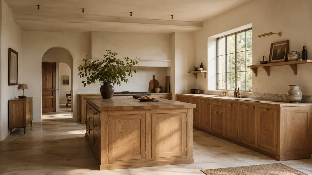 Cuisine en chêne sur mesure dans une maison des Asturies, avec îlot central et plan de travail en pierre près de la fenêtre.