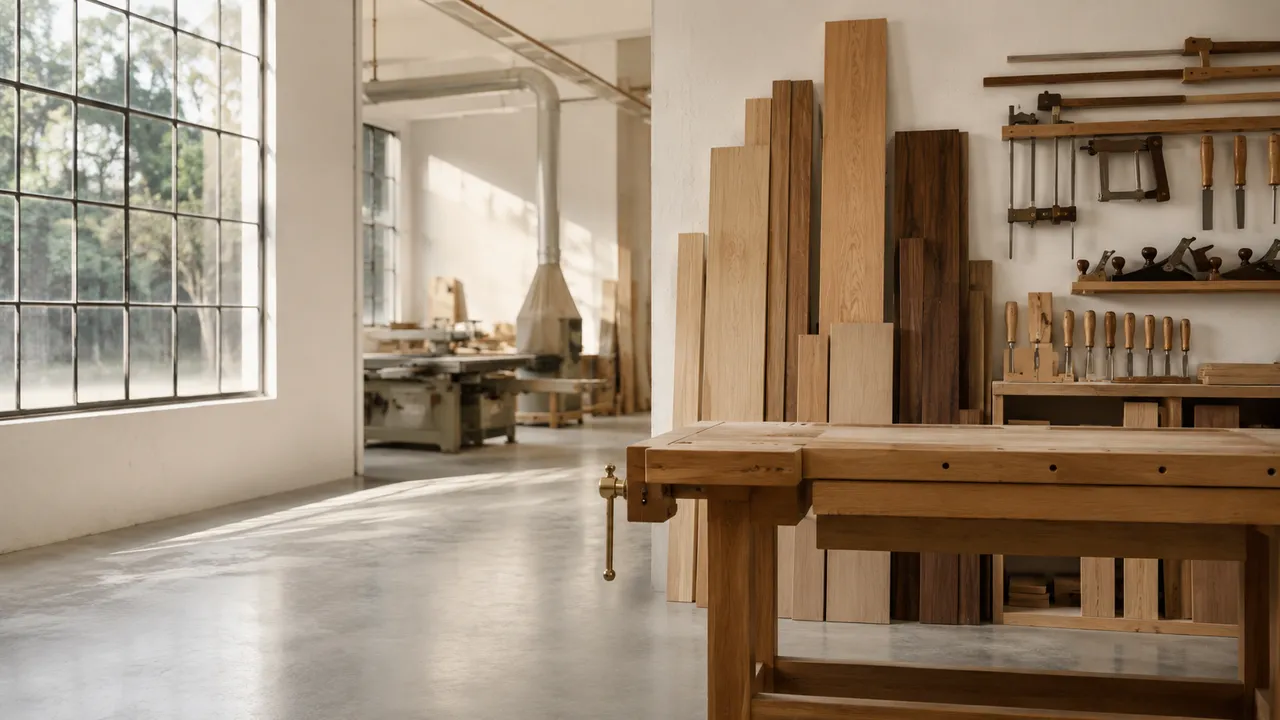 Taller de carpintería moderno y luminoso en Asturias: banco de roble, grandes ventanales y madera apilada.