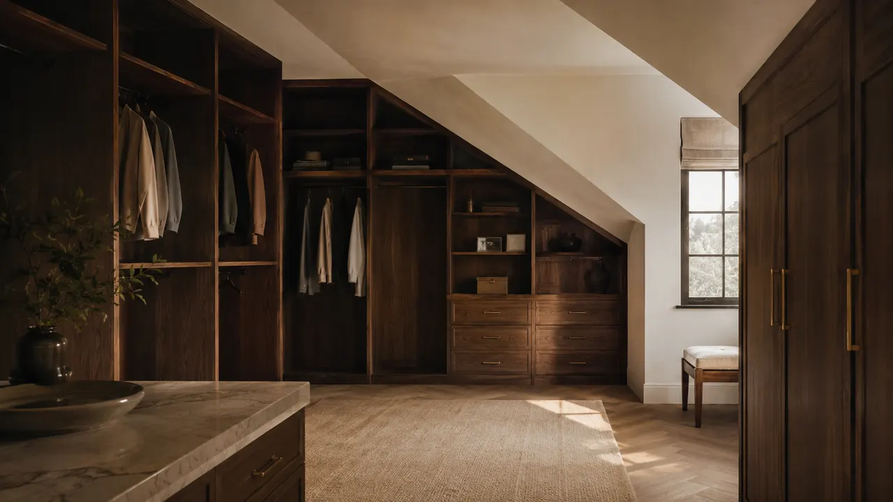 Bespoke wooden dressing room with shelves, drawers and hanging space, in a bedroom.