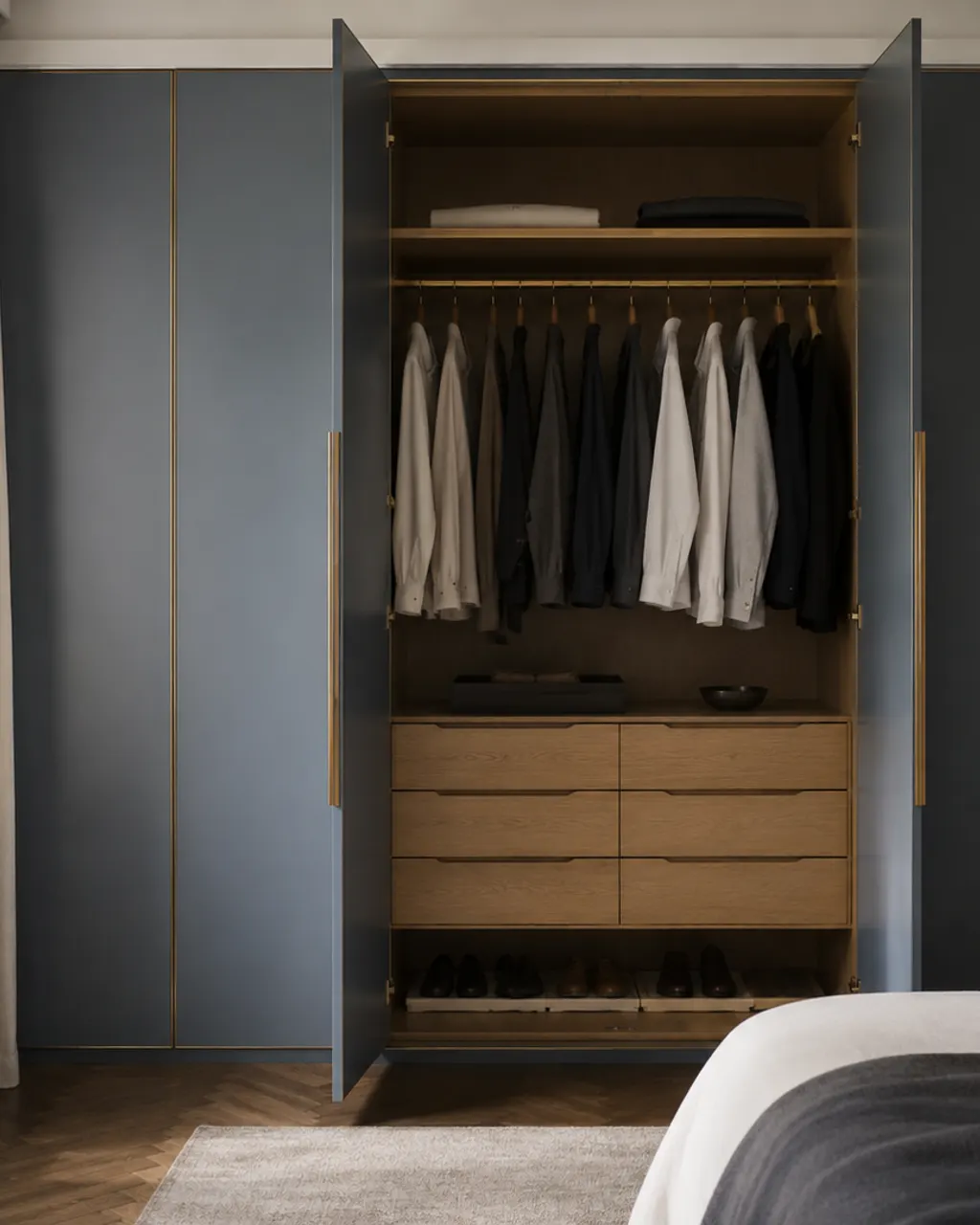 Bespoke wardrobe lacquered in blue with brass handles, in Oviedo