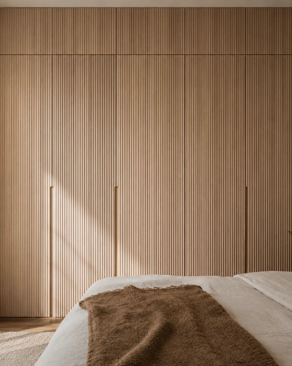 Bespoke fluted-ash wardrobe in a bedroom, in Gijón