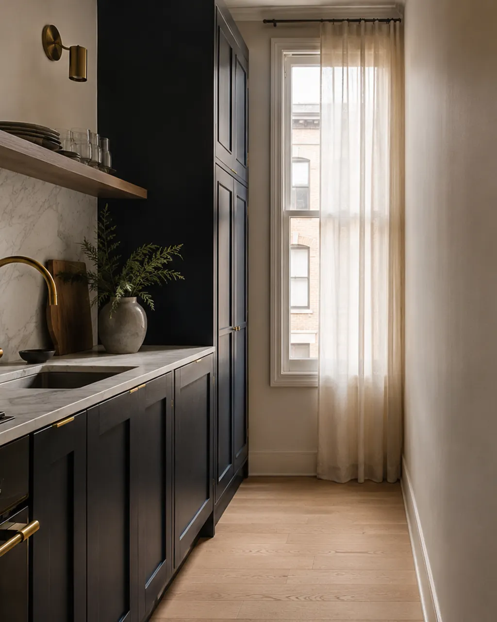 Flat kitchen lacquered in navy blue with a marble worktop and brass, in Gijón