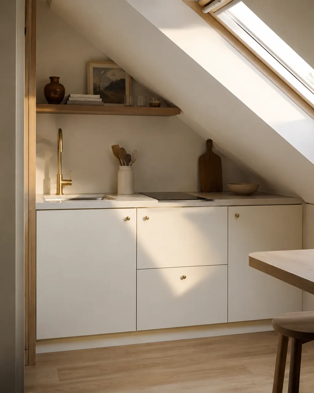 White loft kitchen with a sloping ceiling and a wooden worktop, in Gijón