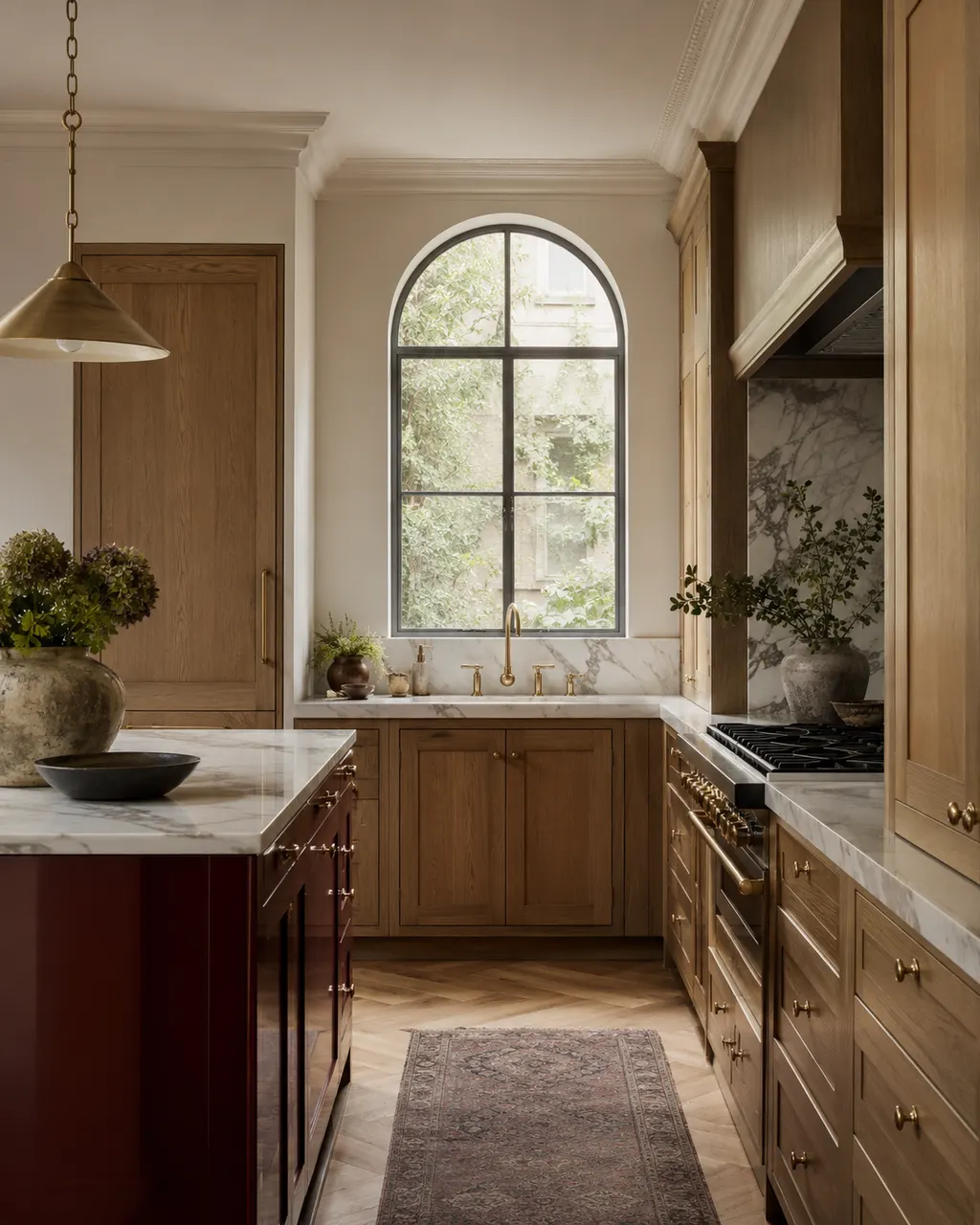 Burgundy-lacquered kitchen with a marble worktop, in Oviedo
