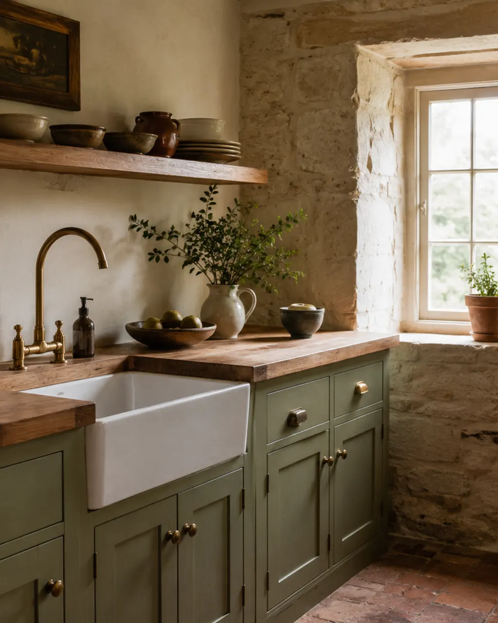 Village-house kitchen in sage green with a solid-oak worktop, in Asturias