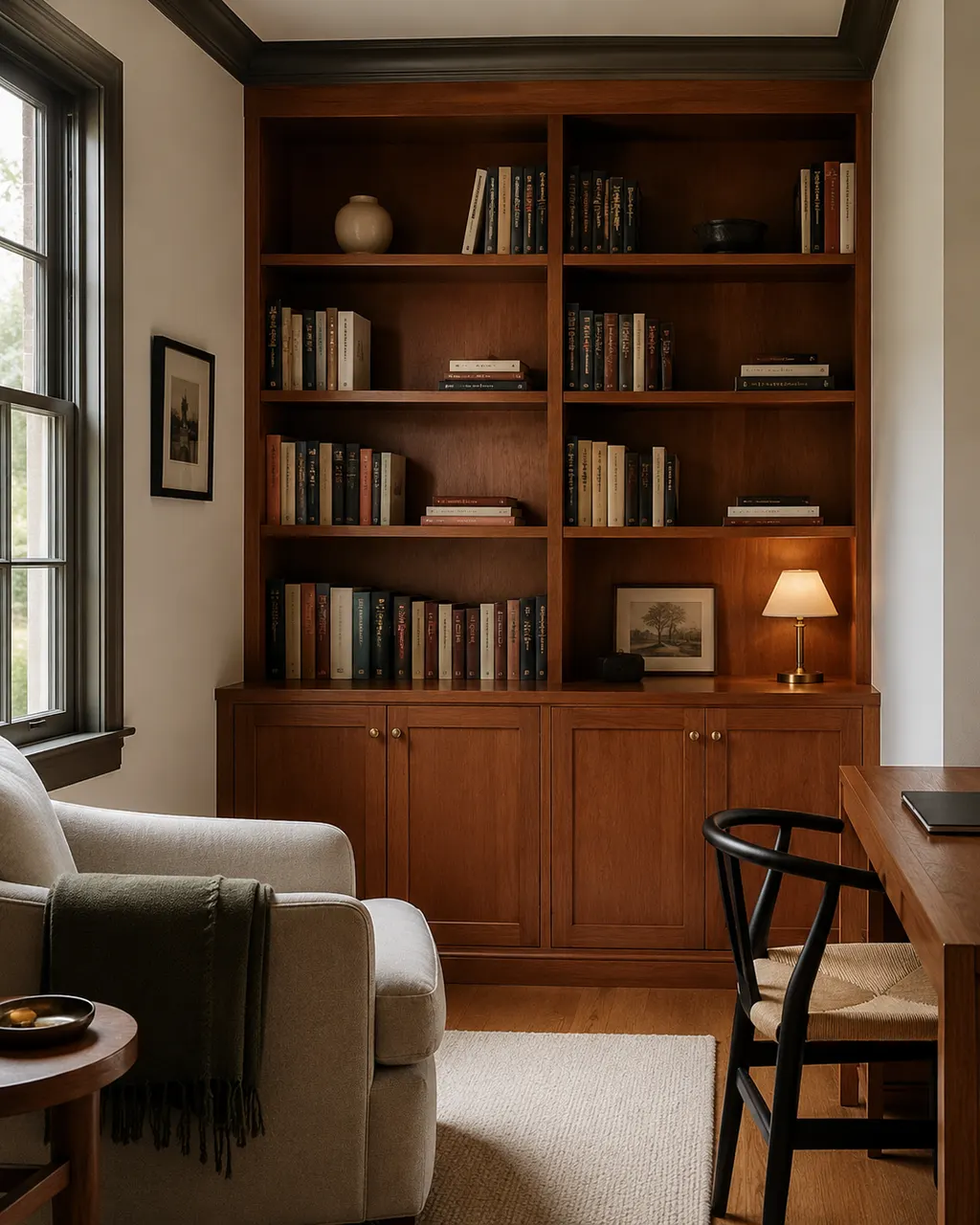 Cherry-wood bookcase in a small study, with a reading lamp, in Oviedo