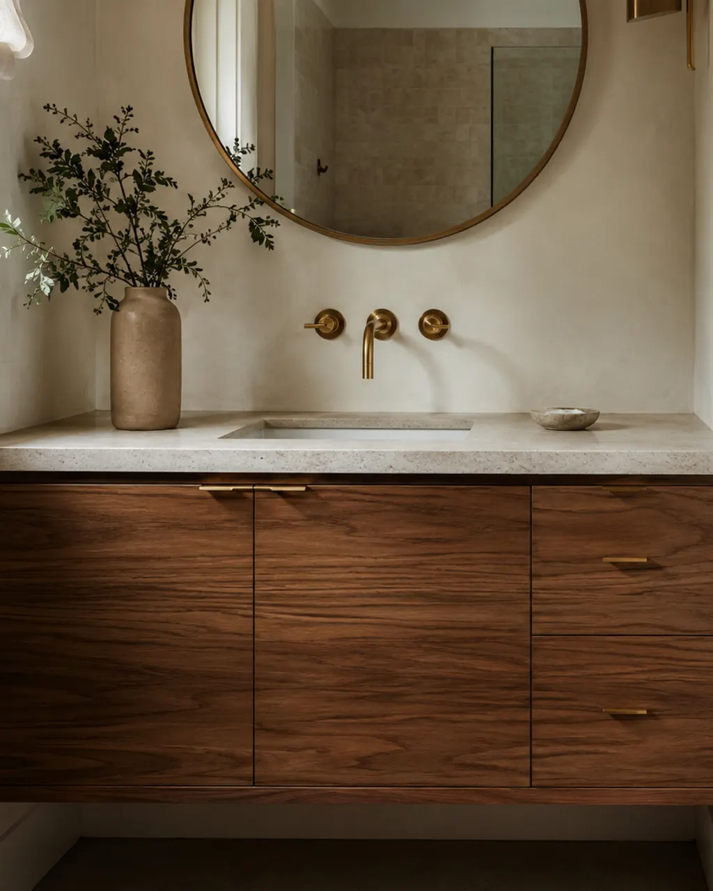 Bespoke teak bathroom vanity with a stone worktop, in Oviedo