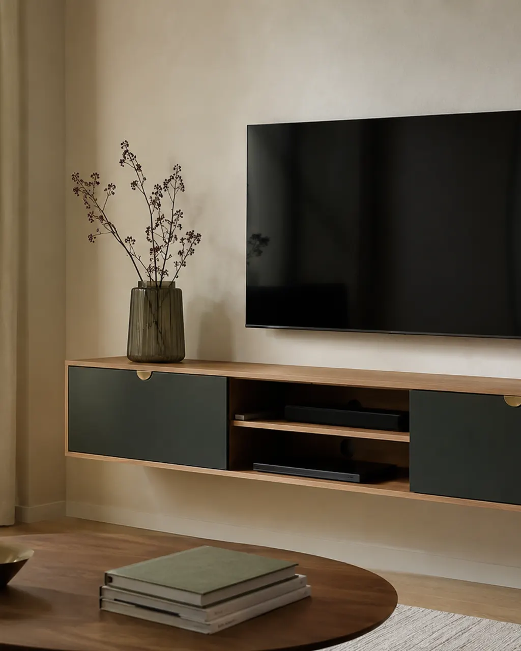 Bespoke floating living-room unit with lacquered doors, in Gijón