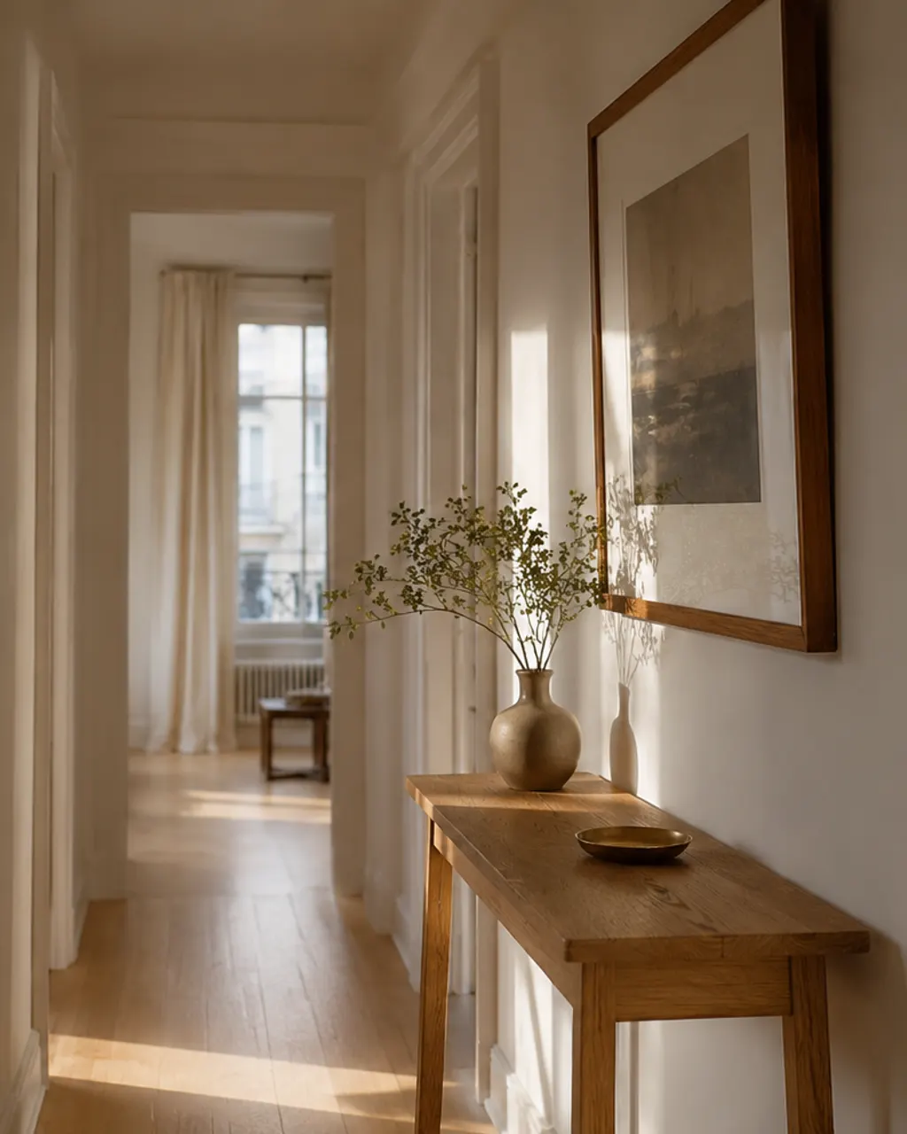 Bespoke hallway console table in a bright corridor, in Oviedo