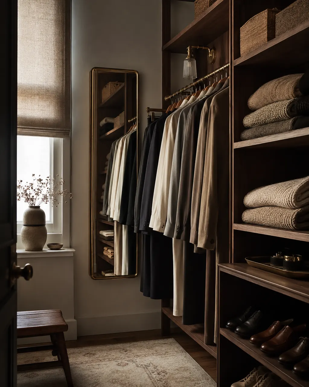 Dressing mansardé avec caisson de tiroirs central en bois, à Gijón